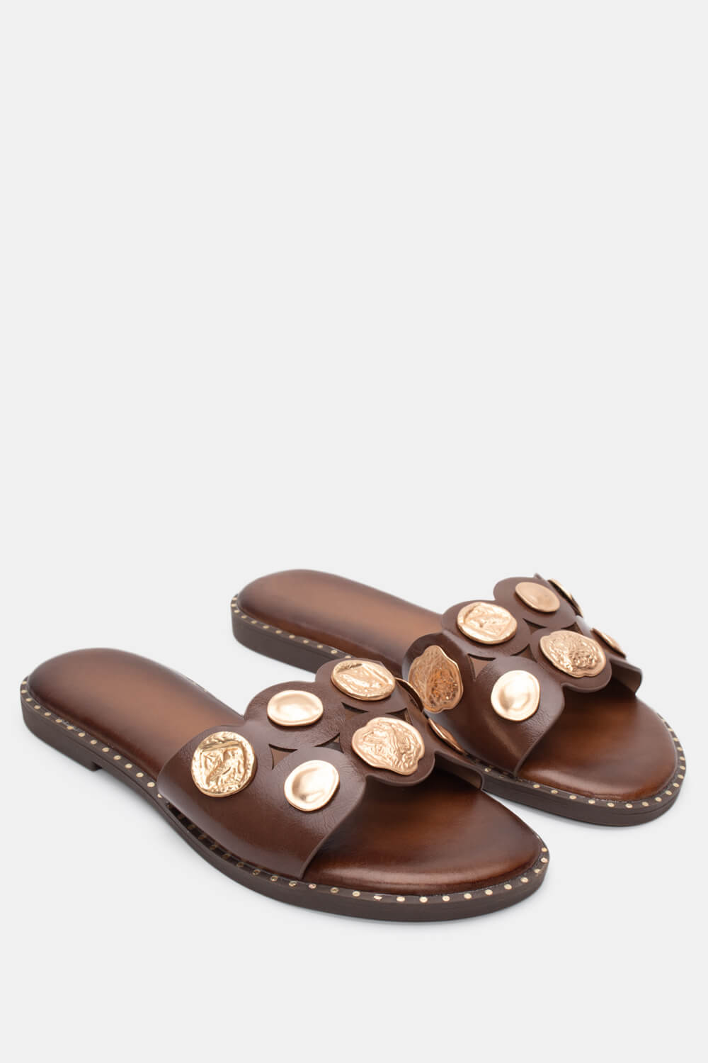 Flat Σανδάλια με Διακοσμητικά - Καφέ Σκούρο