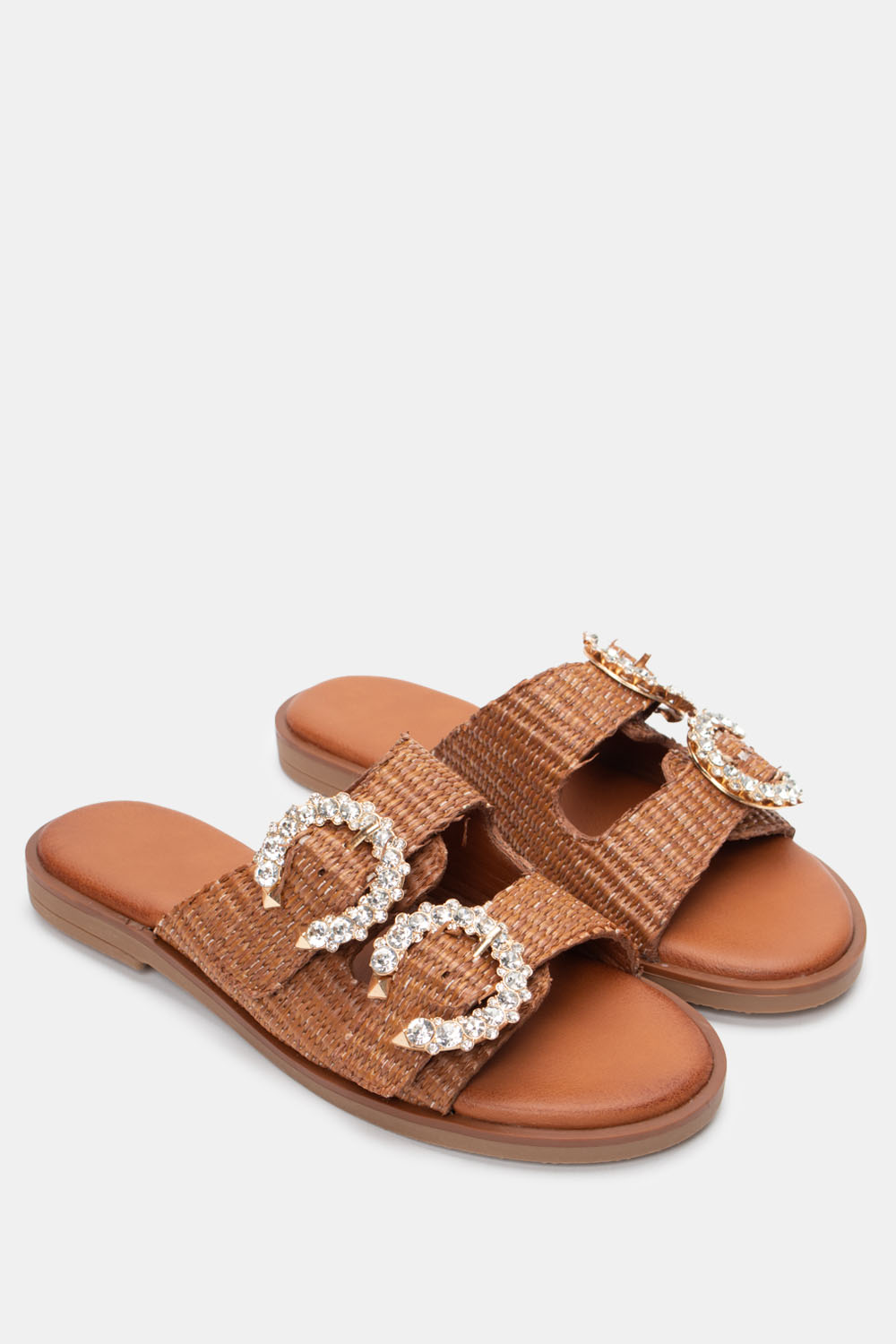 Flat Σανδάλια με Διακοσμητικές Πέτρες - Κάμελ