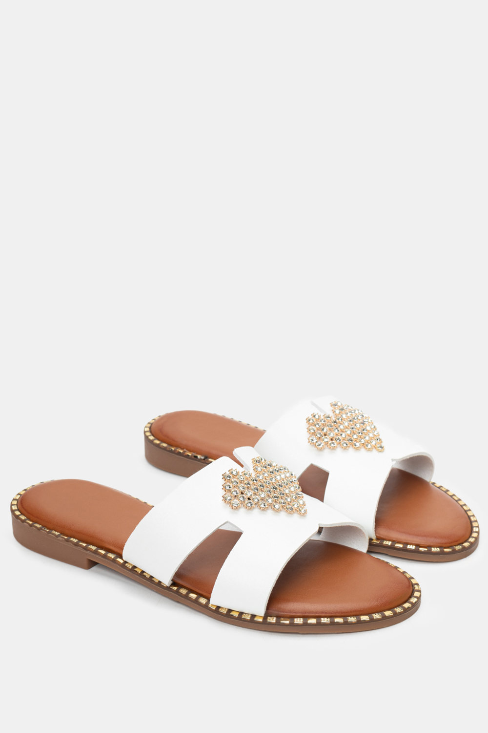 Flat Σανδάλια με Διακοσμητική Καρδία Από Strass - Λευκό