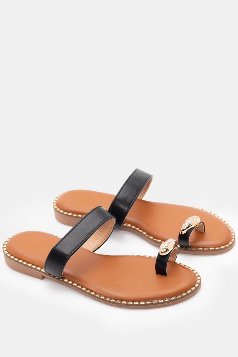 Flat Σανδάλια με Διακοσμητικό apo Strass - Μαύρο