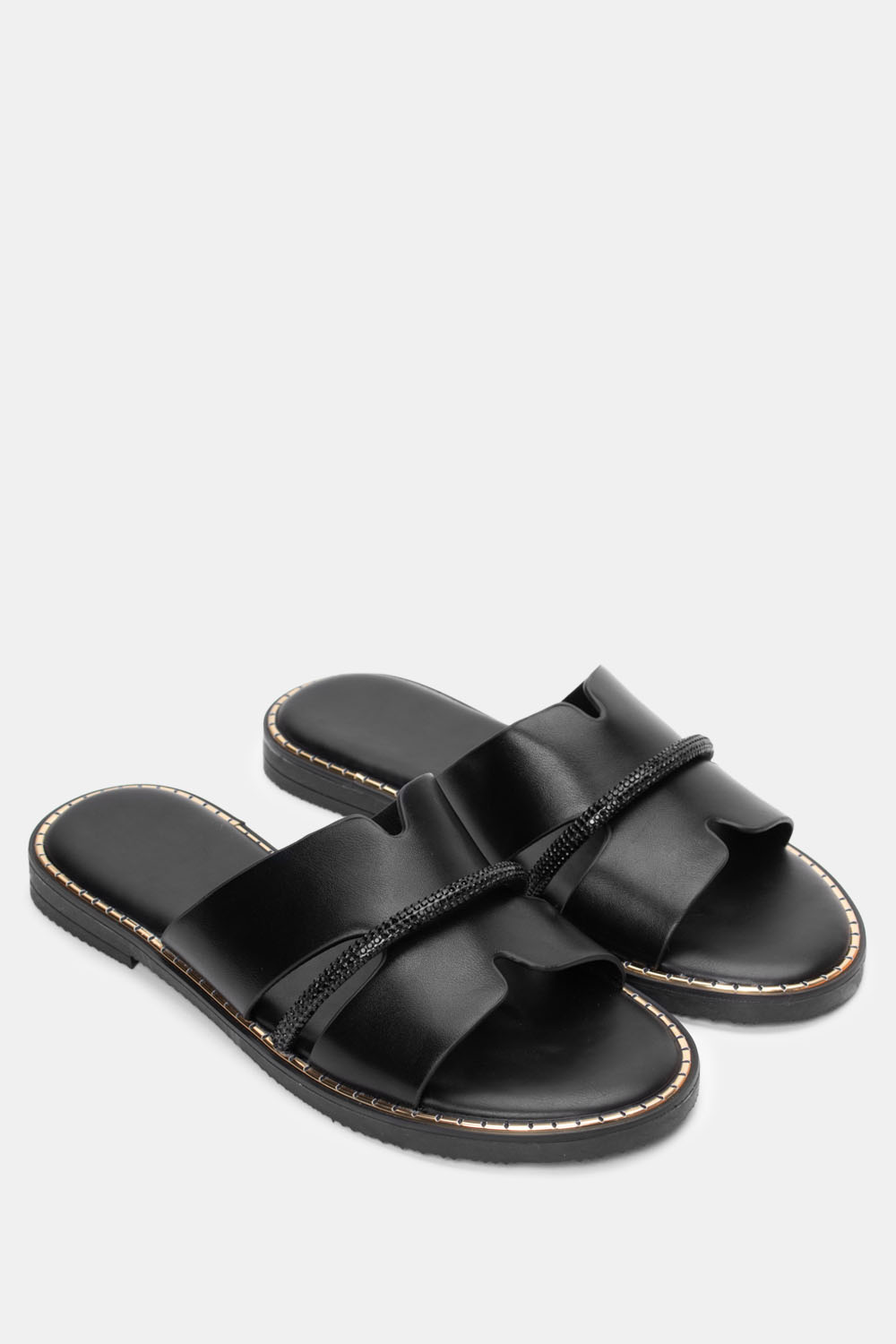 Flat Σανδάλια με Διακοσμητικό Λουράκι Από Strass - Μαύρ