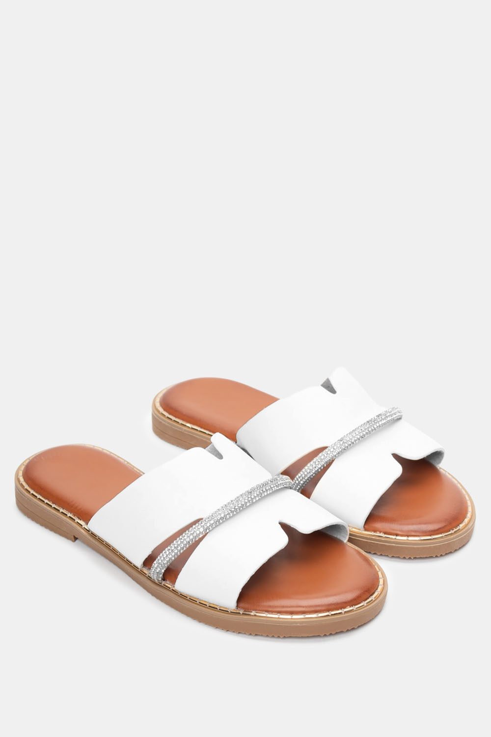 Flat Σανδάλια με Διακοσμητικό Λουράκι Από Strass - Λευκ