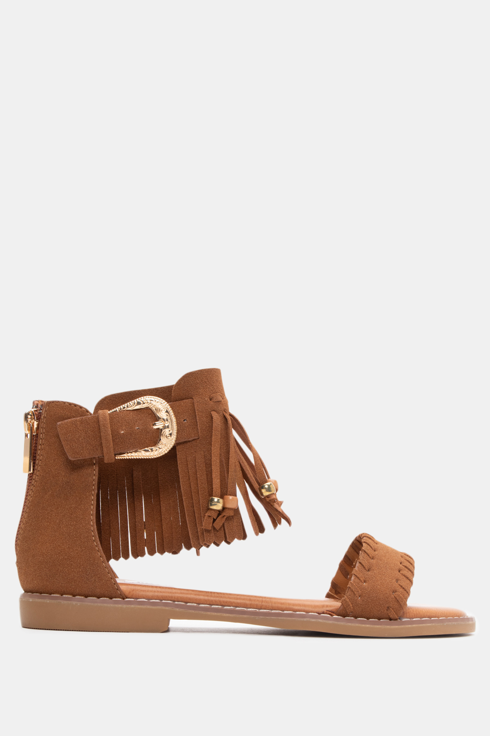 Flat Σανδάλια με Κρόσσια & Φερμουάρ - Κάμελ