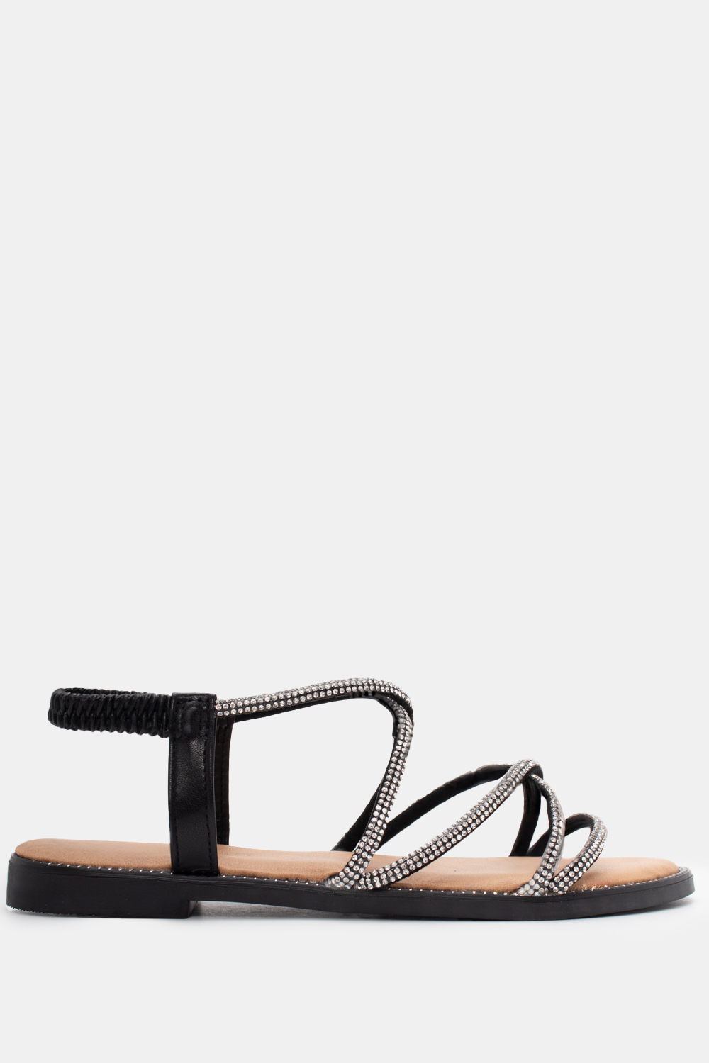 Flat Σανδάλια με Λάστιχο & Strass - Μαύρο