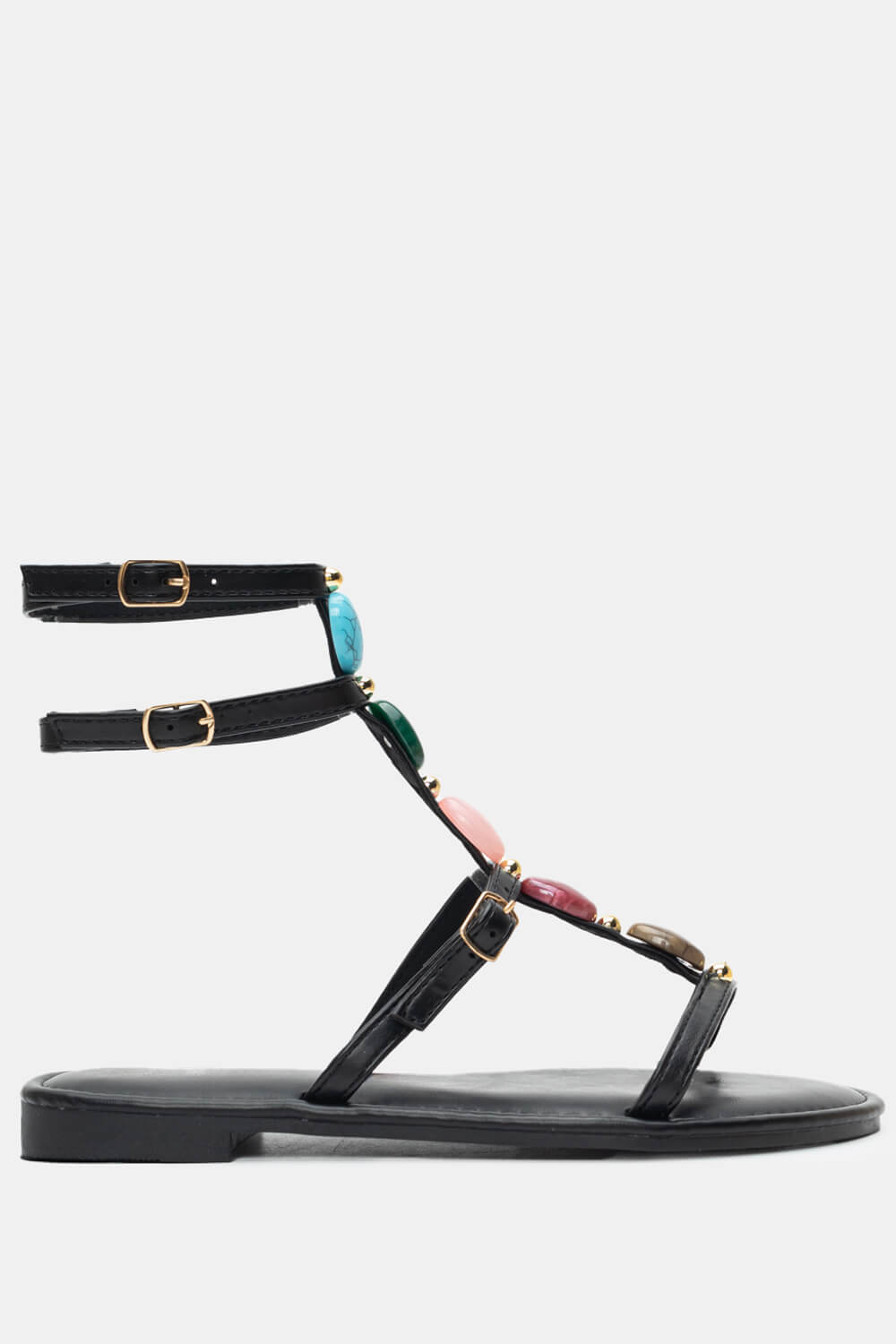 Flat Σανδάλια με Λουράκια & Διακοσμητικές Πέτρες - Μαύρ