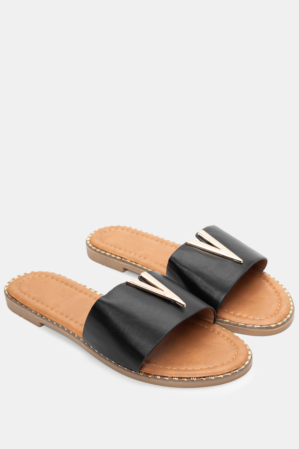 Flat Σανδάλια με Μεταλλική Λεπτομέρεια V - Μαύρο