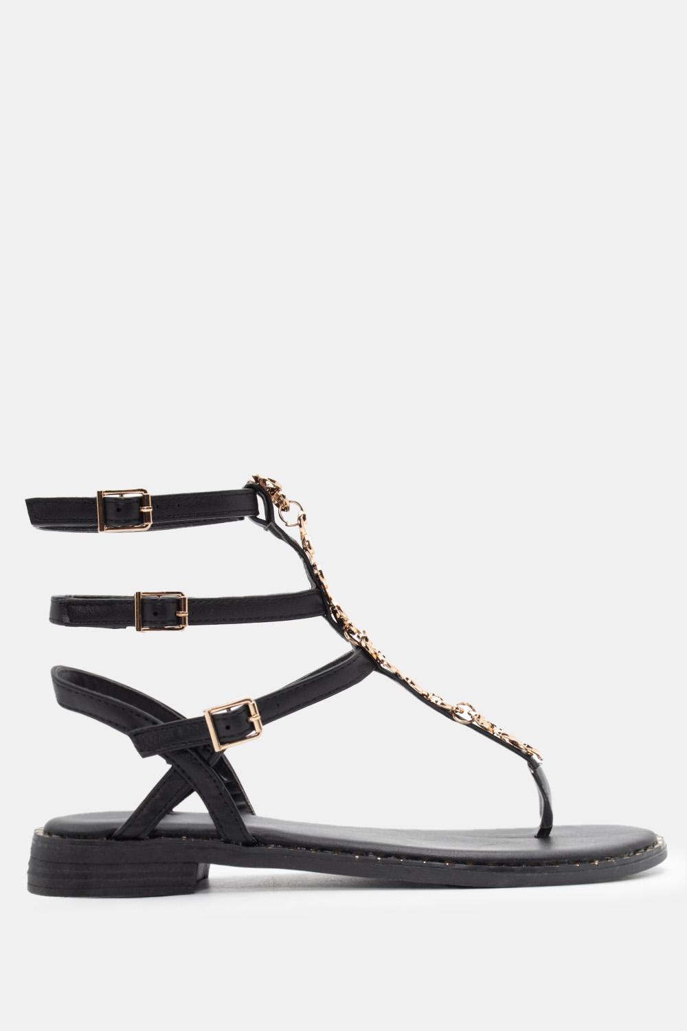 Flat Σανδάλια με Πολλαπλά Λουράκια & Διακοσμητικό - Μαύ