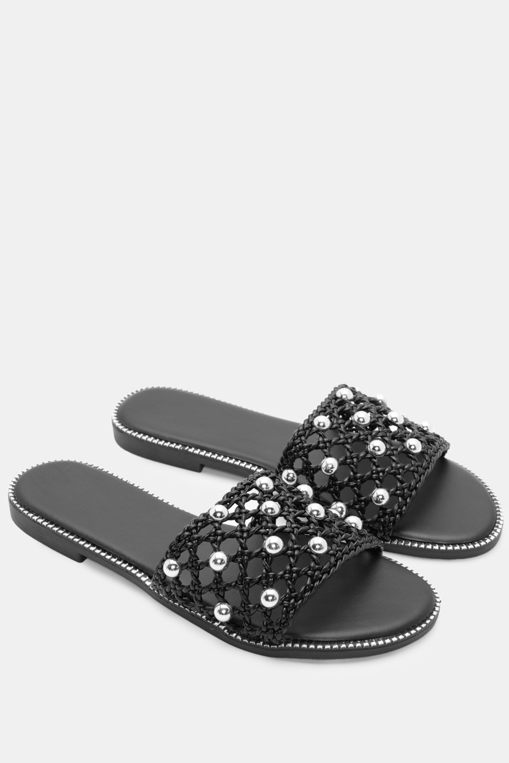 Flat Σανδάλια με Ψάθινη Πλέκτη Φάσα & Πέρλες - Μαύρο