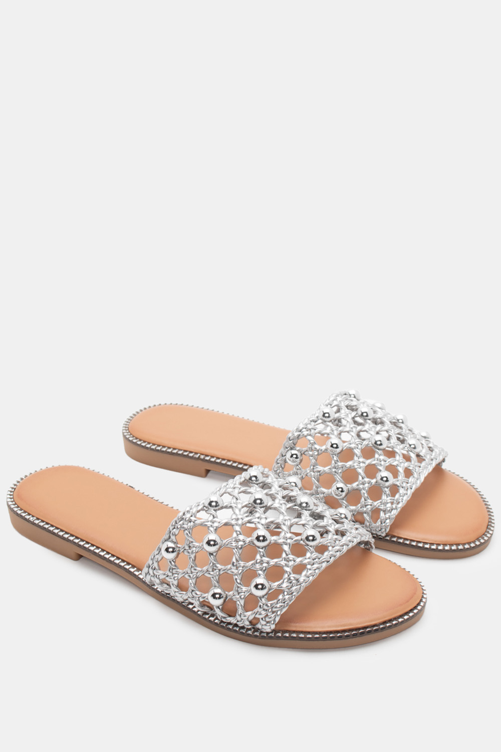 Flat Σανδάλια με Ψάθινη Πλέκτη Φάσα & Πέρλες - Ασημί