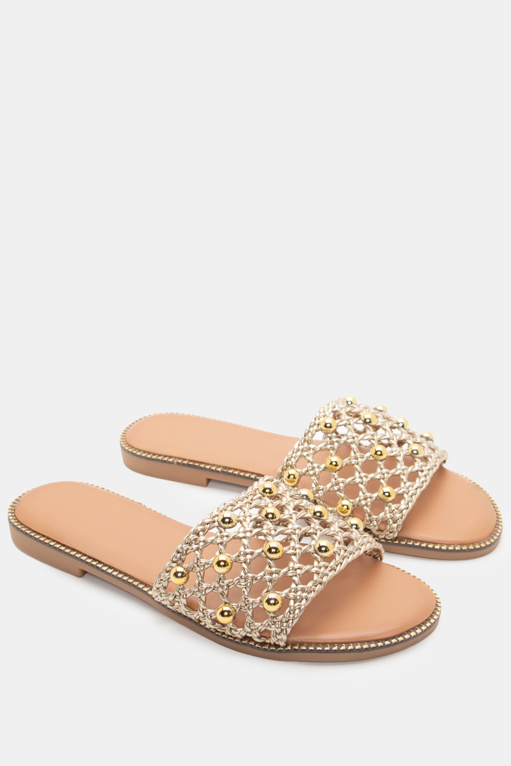 Flat Σανδάλια με Ψάθινη Πλέκτη Φάσα & Πέρλες - Χρυσό