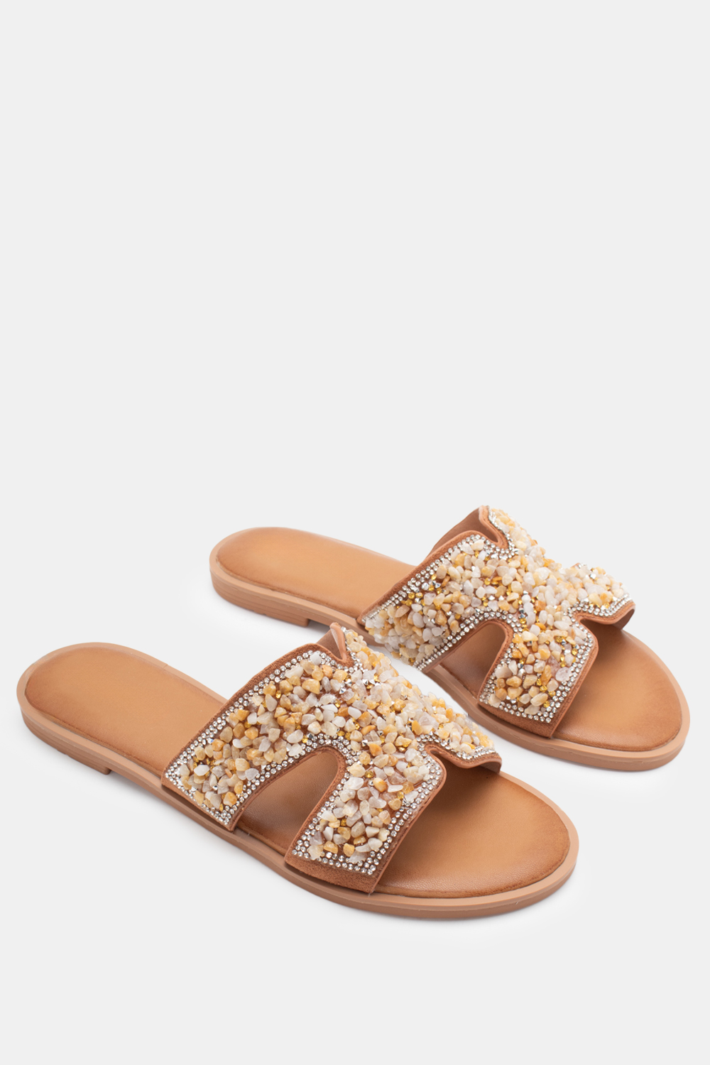 Flat Σανδάλια με Strass - Κάμελ