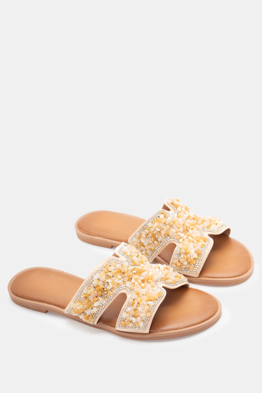 Flat Σανδάλια με Strass - Μπεζ-Σκούρο