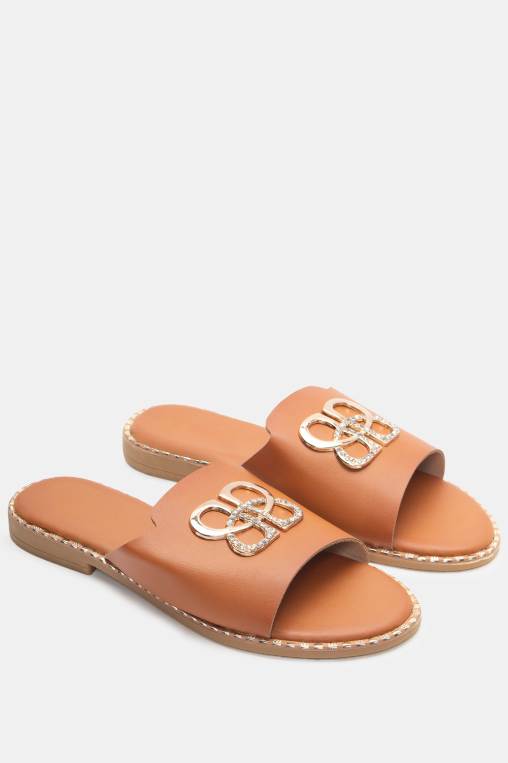 Flat Σανδάλια με Strass - Κάμελ