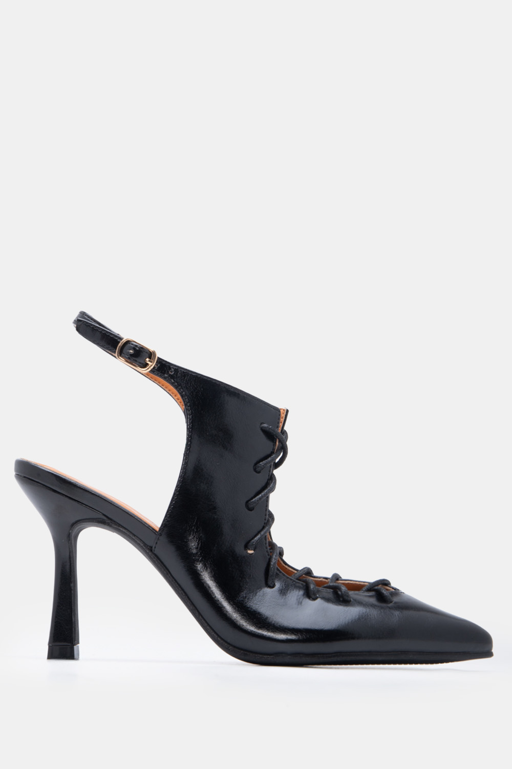 Γόβες Μυτερές Slingback με Κορδόνια - Μαύρο