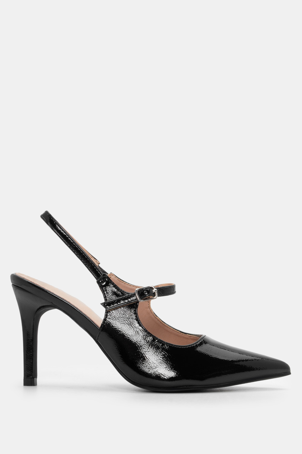 Γόβες Μυτερές Slingback με Λουράκι & Τόκα - Μαύρο-Λουστ