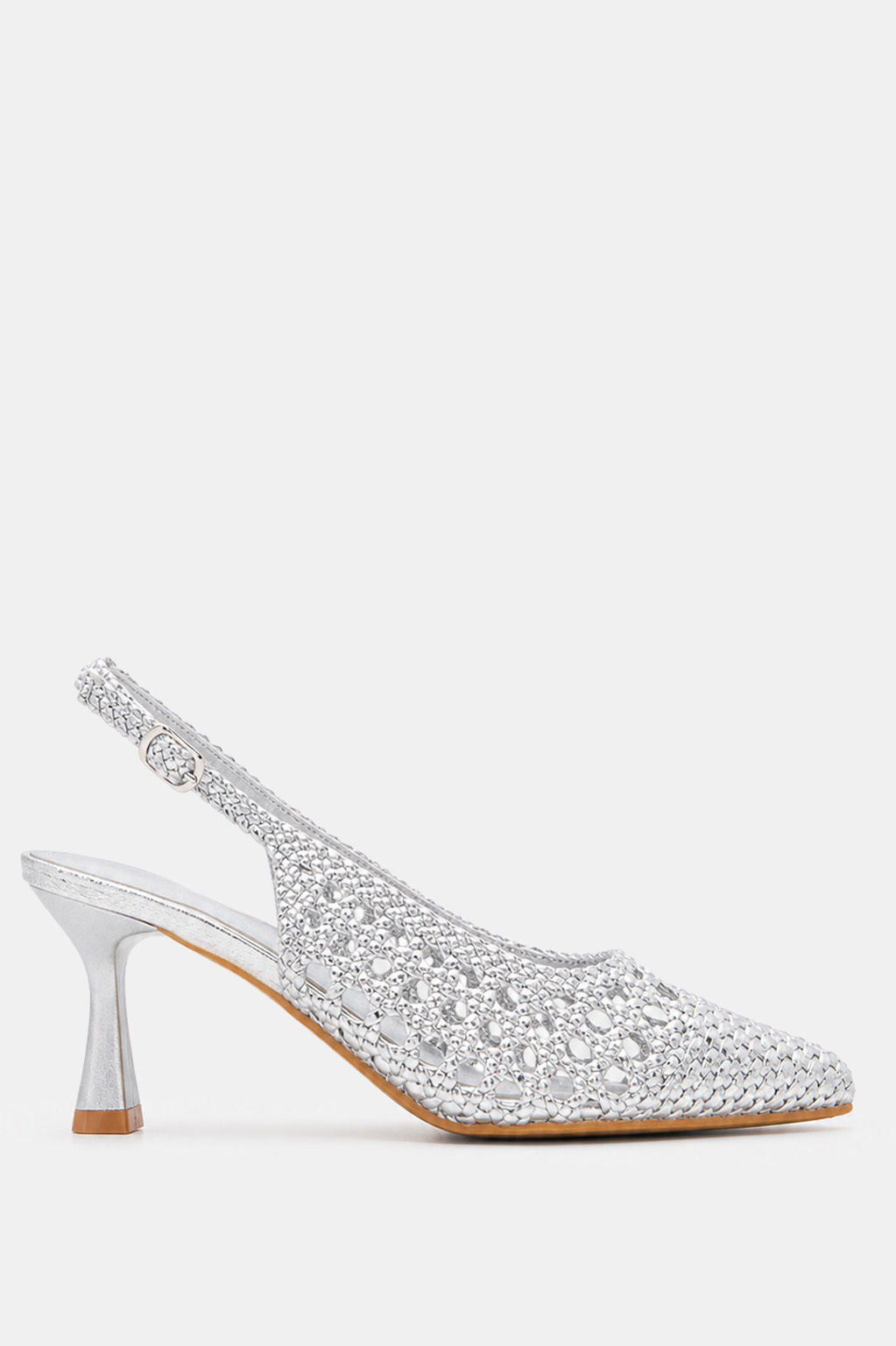 Γόβες Μυτερές Slingback με Πλεκτό Σχέδιο - Ασημί