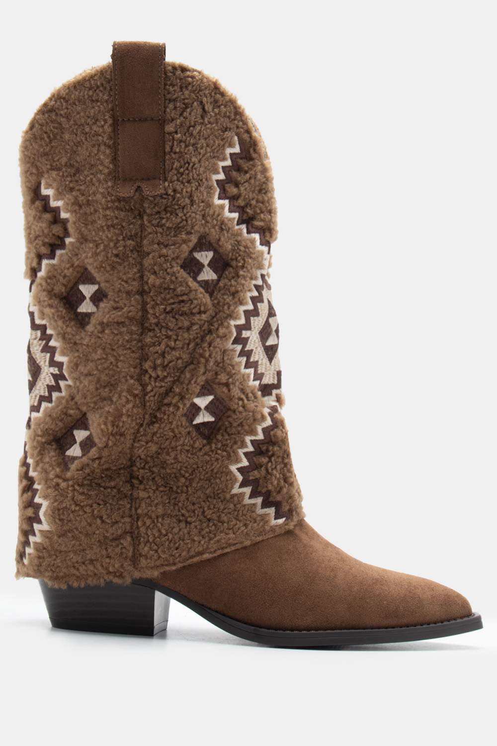 Μπότες Cowboy με Εφέ Αναδιπλούμενης Φάσας & Κέντημα - Μπεζ-Σκούρο