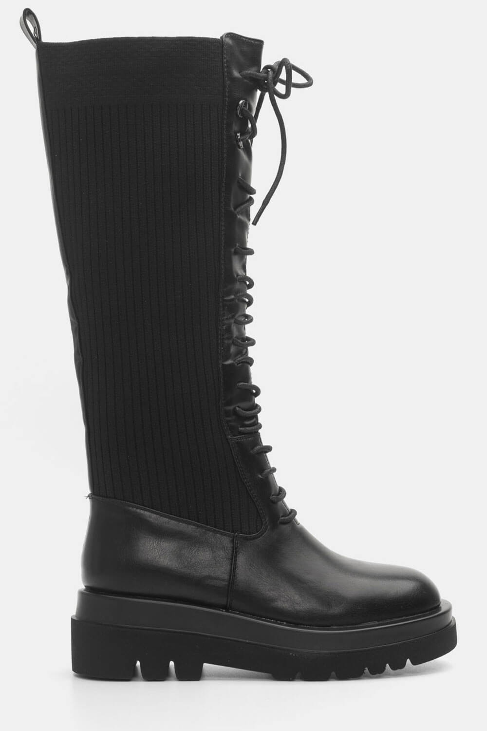 Μπότες > Μπότες Flat Μπότες Δίσολες με Λάστιχο & Κορδόνια - Μαύρο