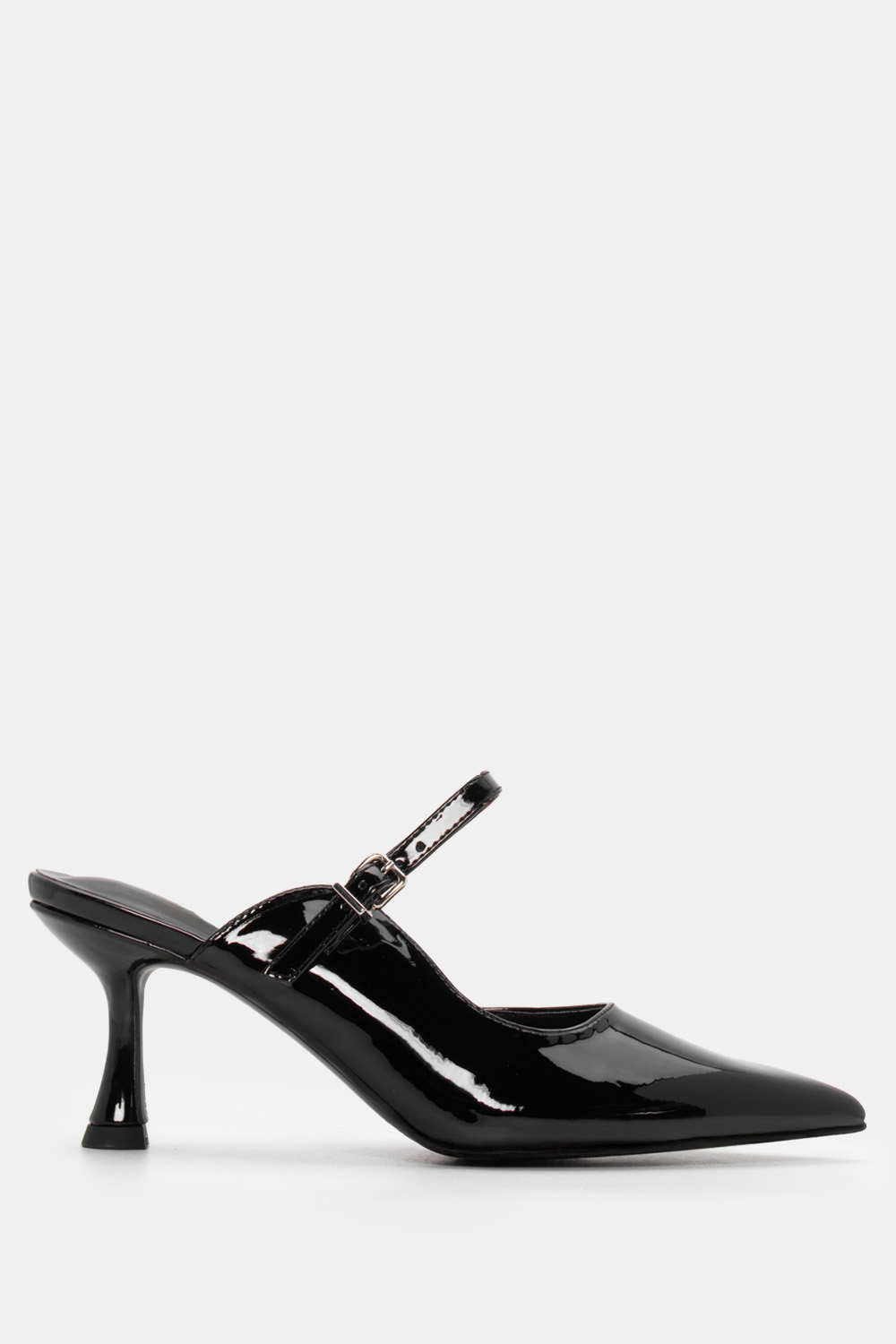 Mules Μυτερά με Λουράκι - Μαύρο-Λουστρίνι