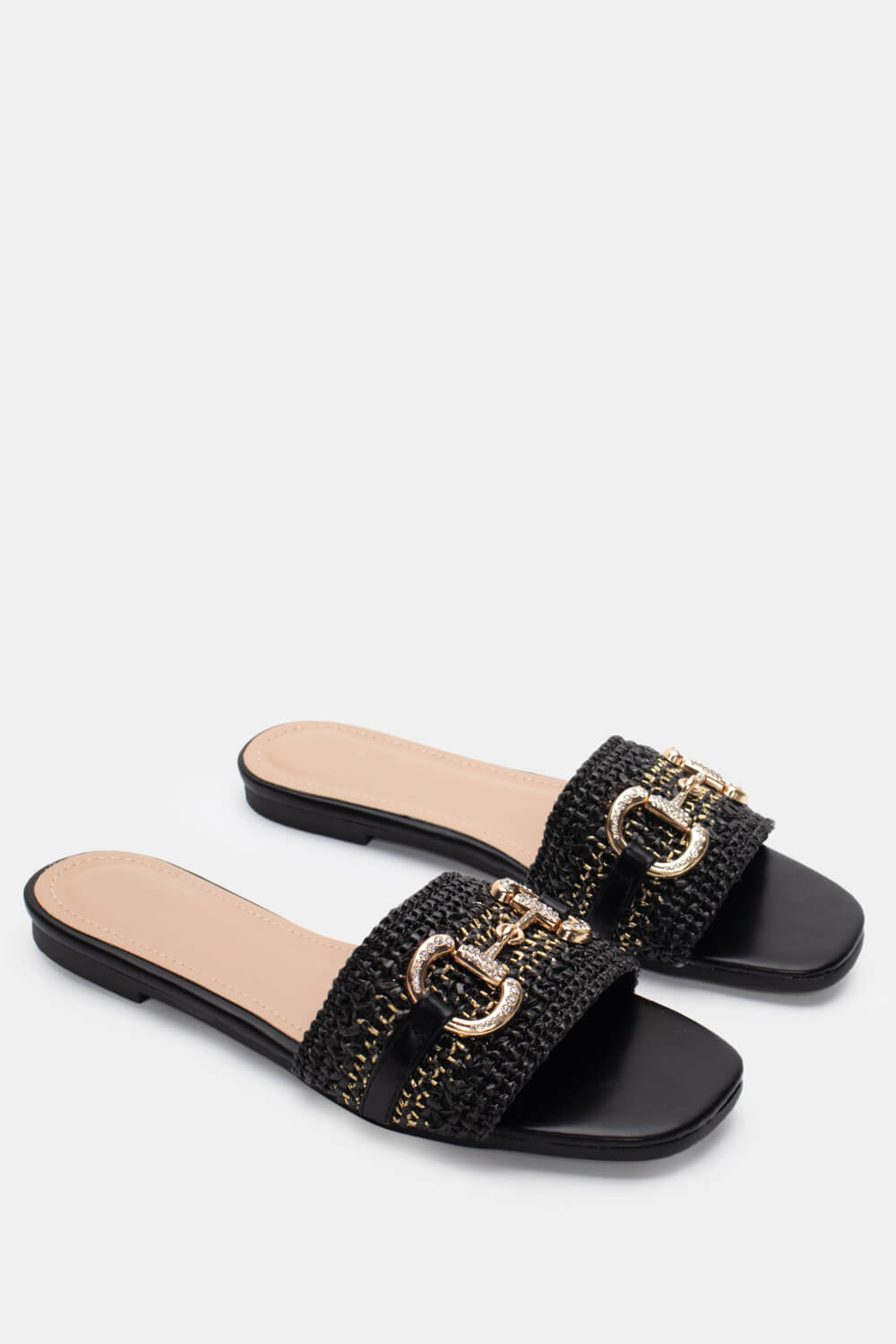 Σανδάλια Flat με Διακοσμητική Αγκράφα & Strass - Μαύρο