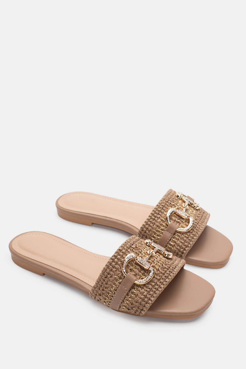 Σανδάλια Flat με Διακοσμητική Αγκράφα & Strass - Μπεζ-Σ
