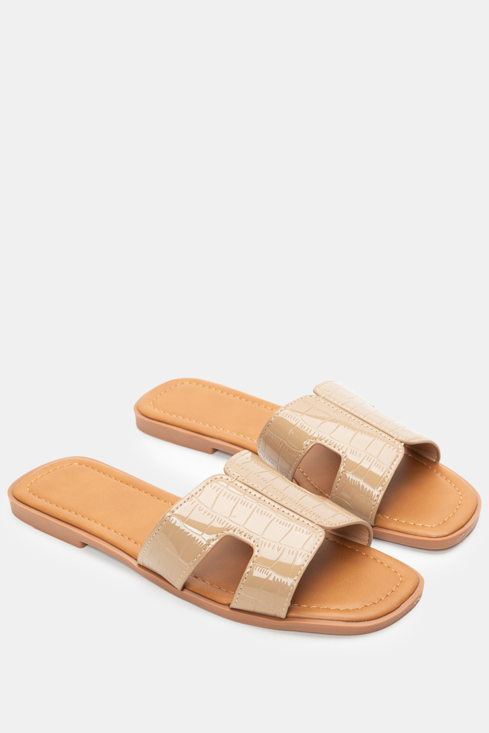 Σανδάλια Flat με Λεπτομέρεια Croco - Μπεζ-Σκούρο