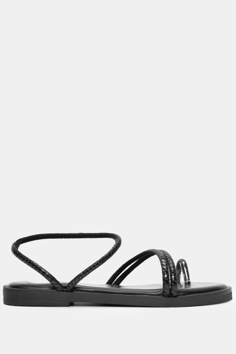 Σανδάλια Flat με Λοξό Λουράκι & Strass - Μαύρο