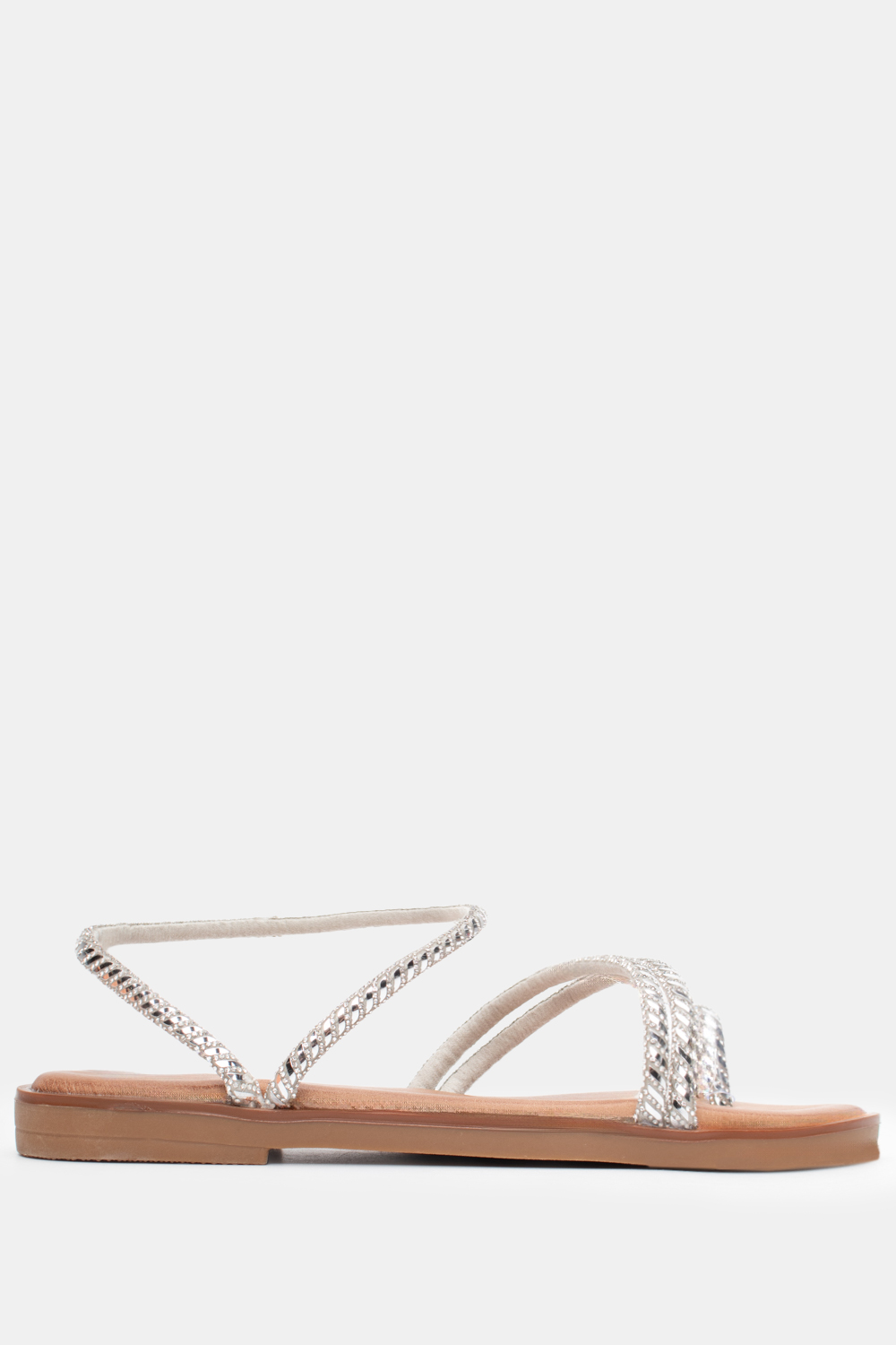 Σανδάλια Flat με Λοξό Λουράκι & Strass - Ασημί