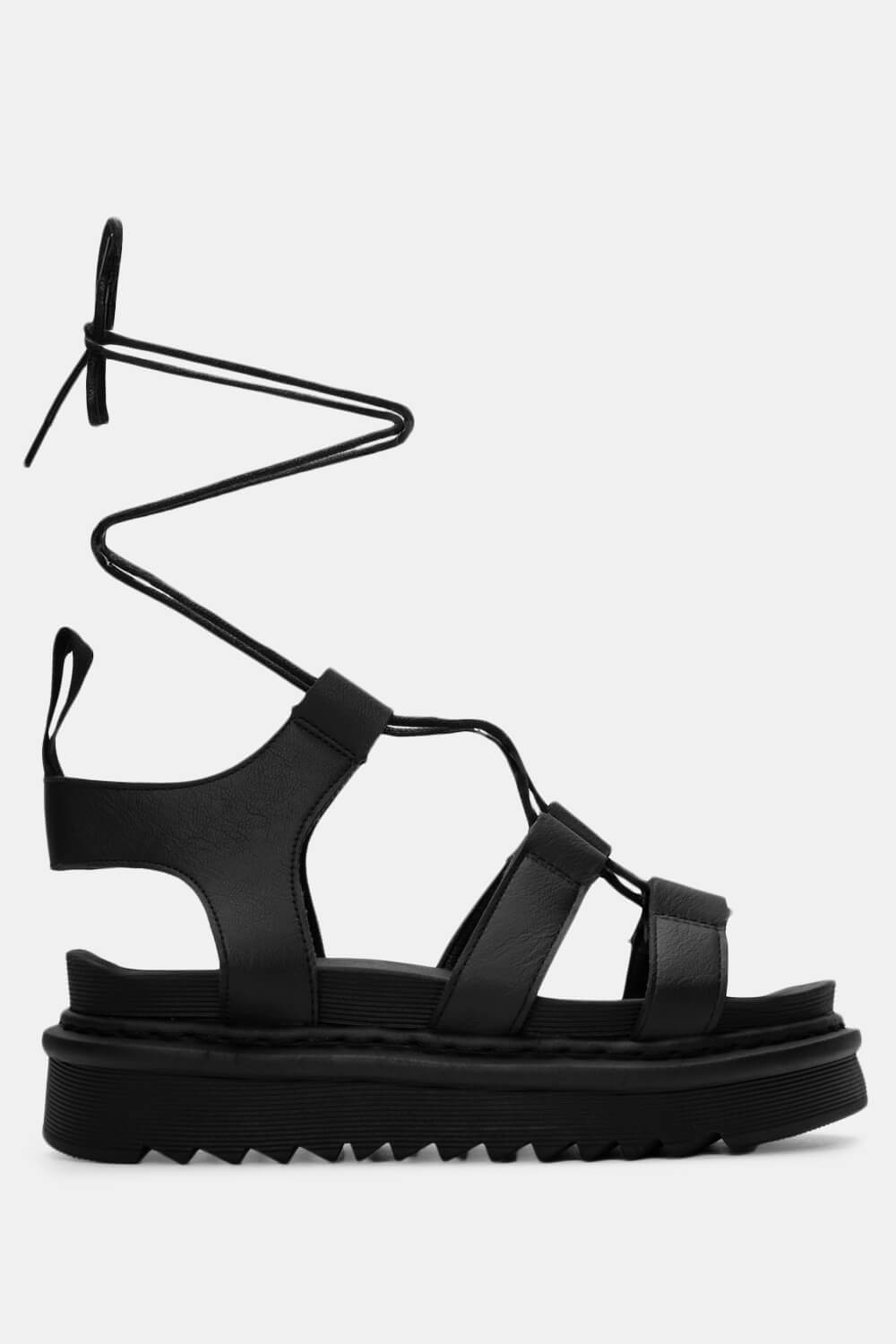 Σανδάλια Flatform με Κορδόνια Lace Up - Μαύρο