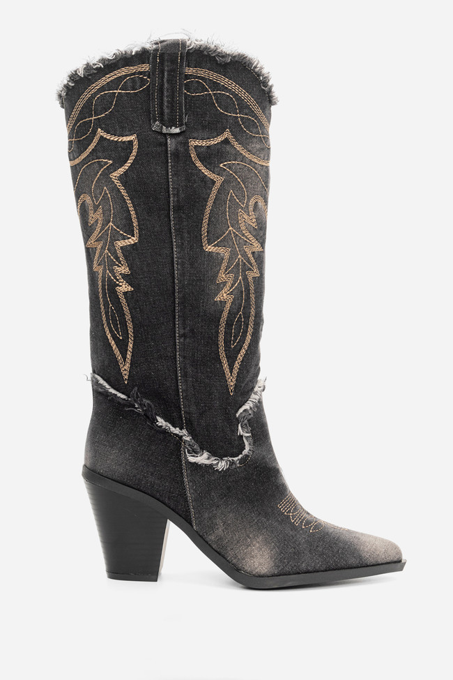 Μπότες > Μπότες Ψηλές Cowboy Μπότες Jean με Κέντημα & Ξέφτια - Μαύρο