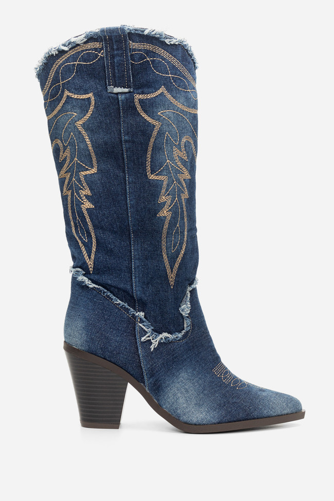 Μπότες > Μπότες Ψηλές Cowboy Μπότες Jean με Κέντημα & Ξέφτια - Denim
