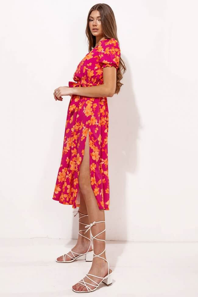 Φόρεμα Floral με Σκίσιμο στο Πλάι και Ζωνάκι
