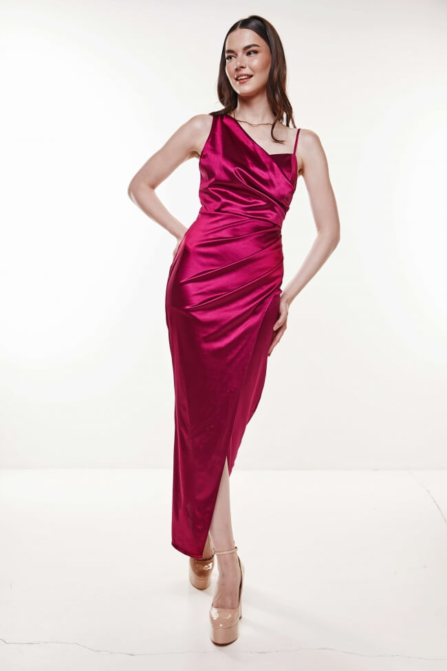 Φόρεμα Maxi Σατέν Κρουαζέ με Έναν Ώμο