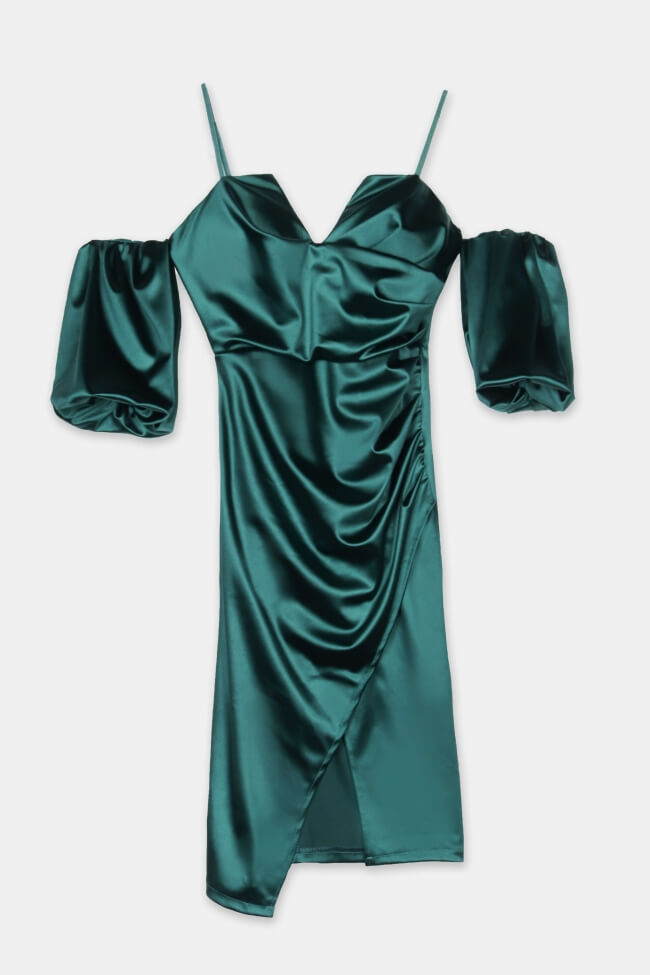 Φόρεμα Σατέν Εφαρμοστό με Σκίσιμο στο Πλάι