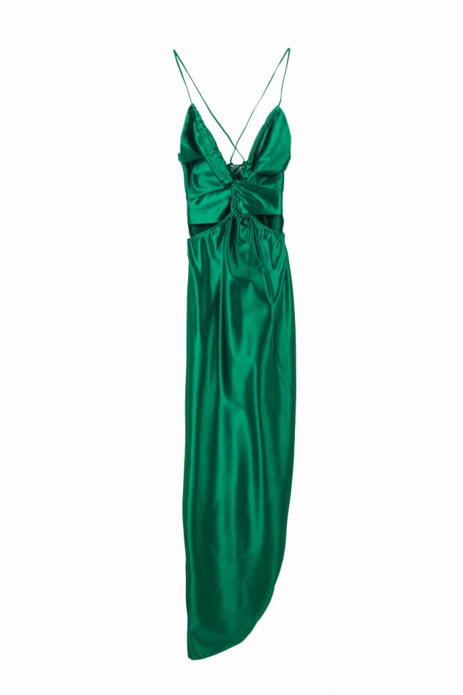 Φόρεμα Σατέν με Σκίσιμο και Τιράντες Χιαστί