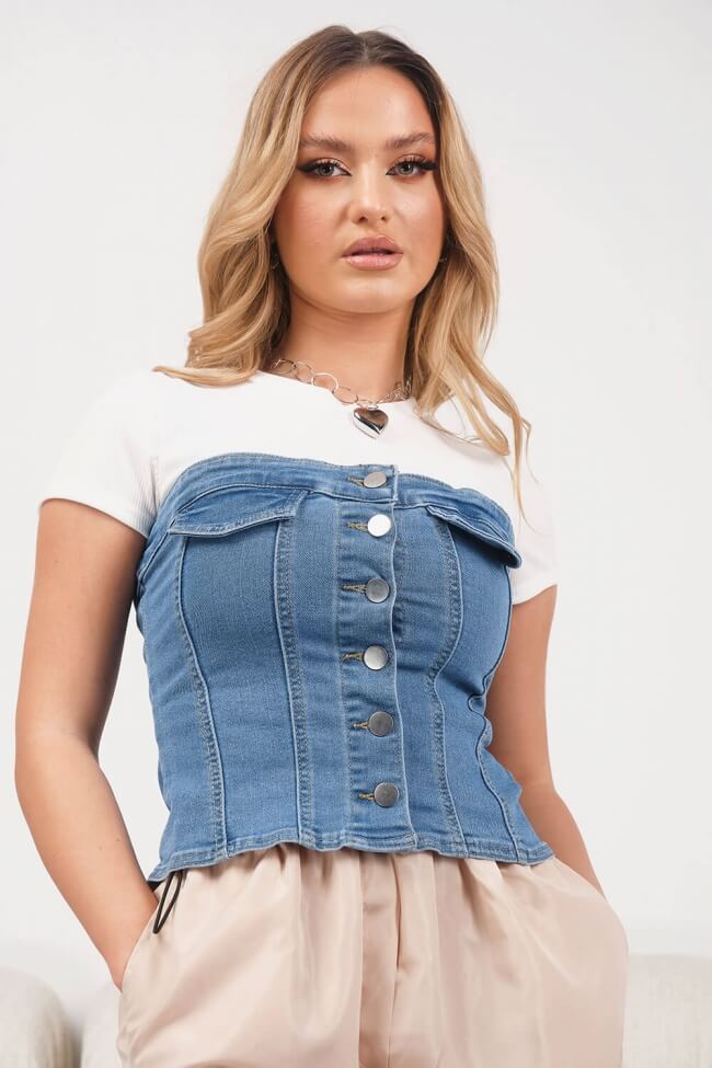 Jean Crop Top Strapless με Κουμπιά